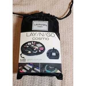 lay n go cosmetic bag Black Round Drawstring Travel Gym 20" Open Pouch NWT